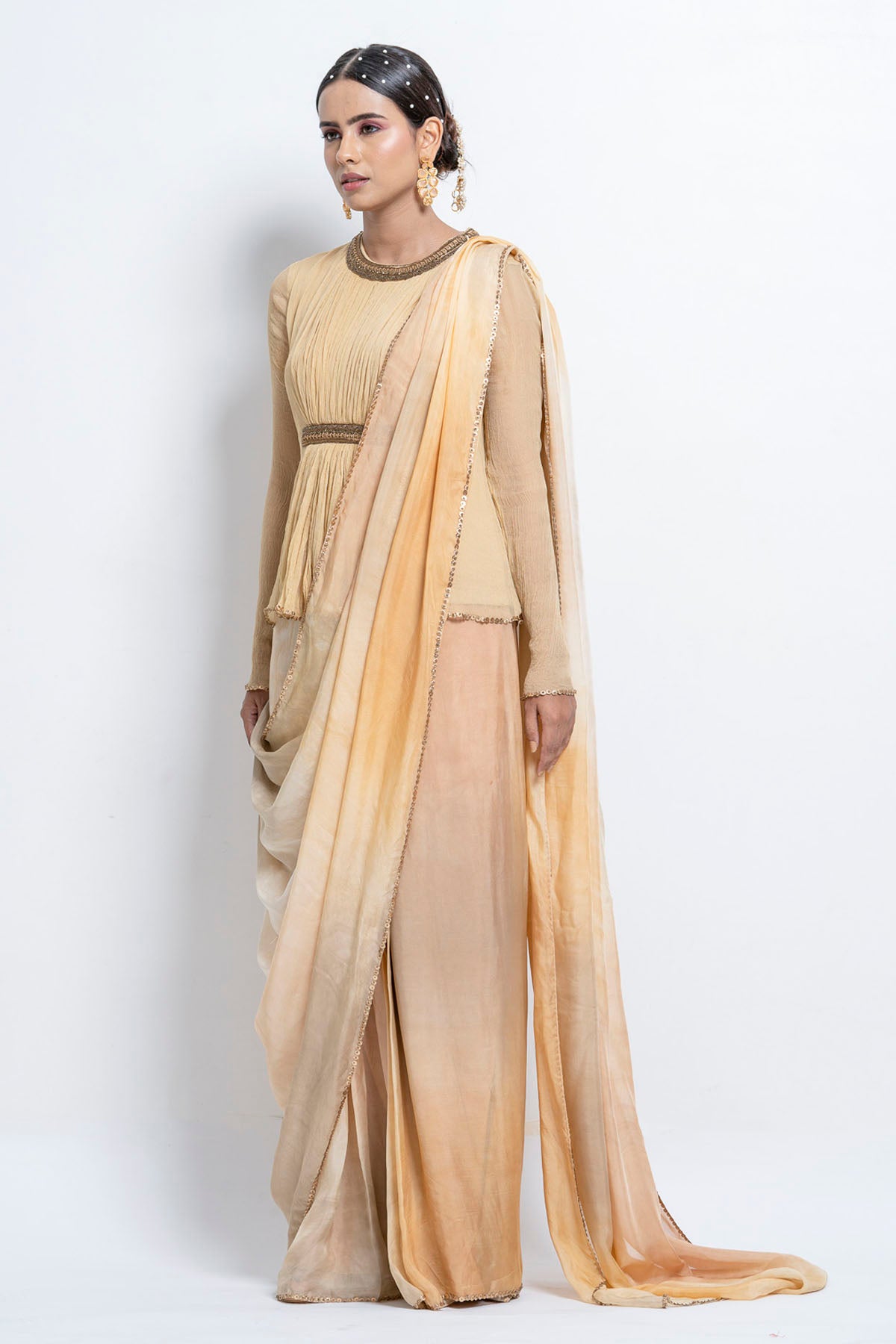 Peach Pre Stitched Saree Set