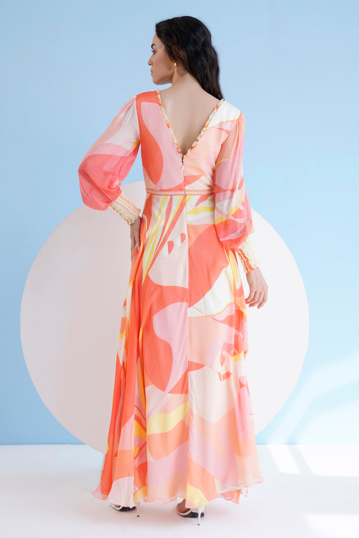 Peach Print Long Chiffon Dress