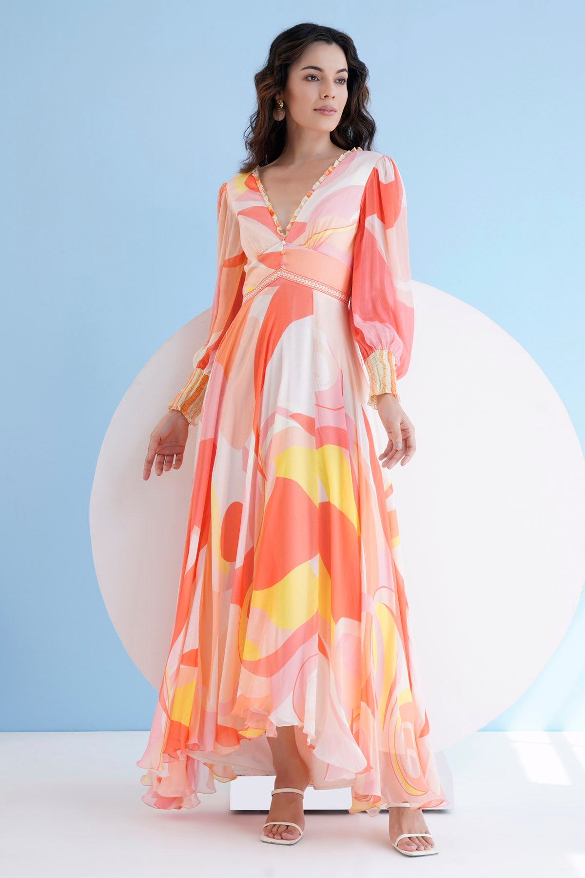 Peach Print Long Chiffon Dress