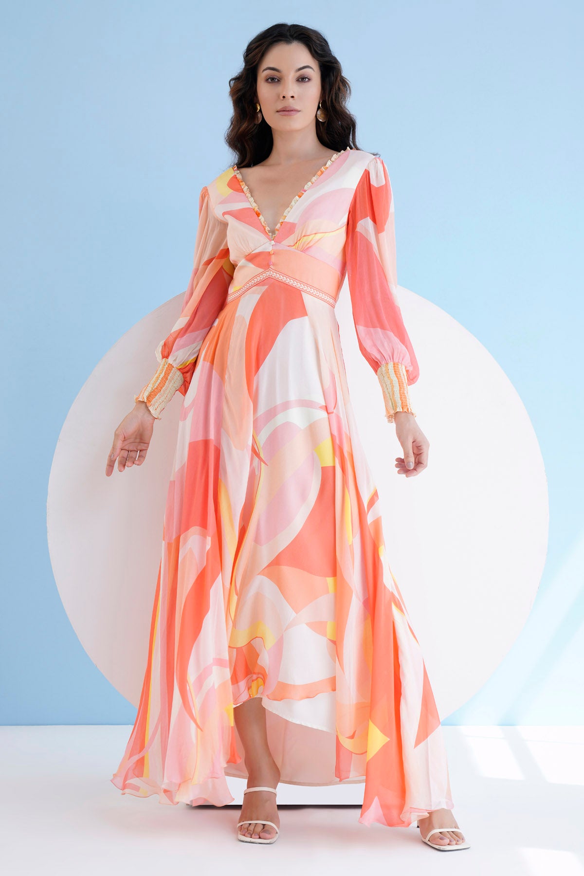 Peach Print Long Chiffon Dress