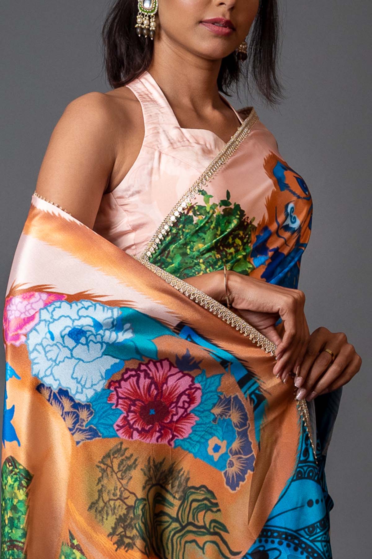 Peach Printed Crepe Saree