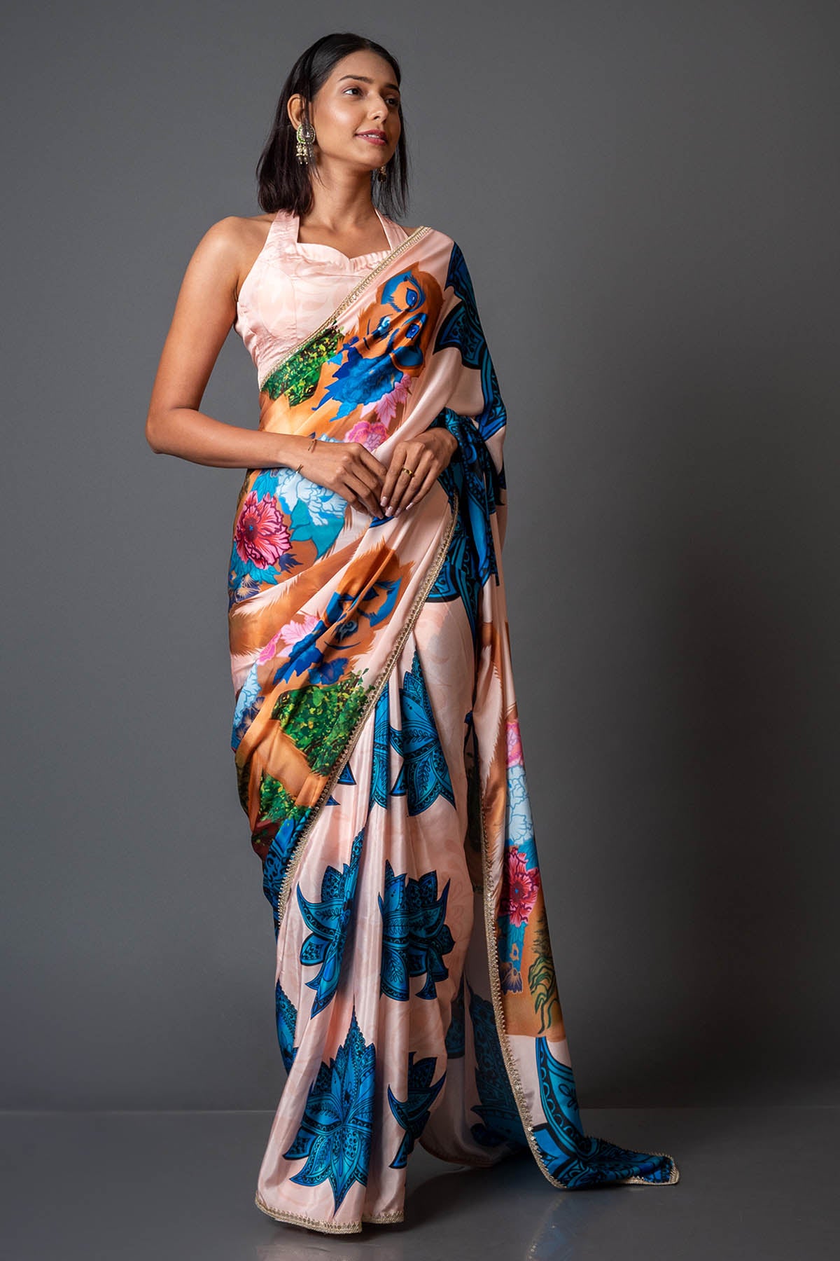 Peach Printed Crepe Saree