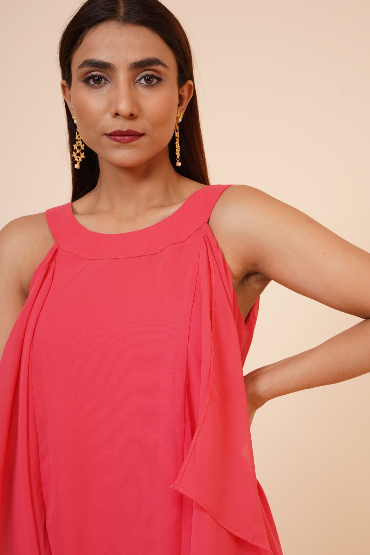 Peach Ruffle Drape Dress