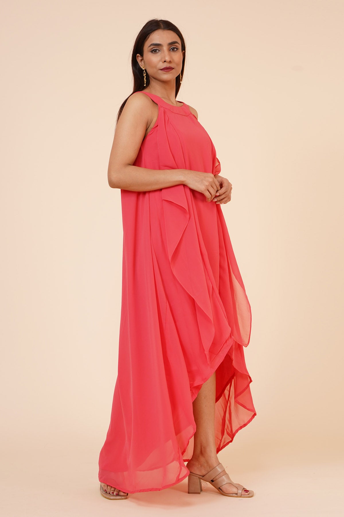 Peach Ruffle Drape Dress