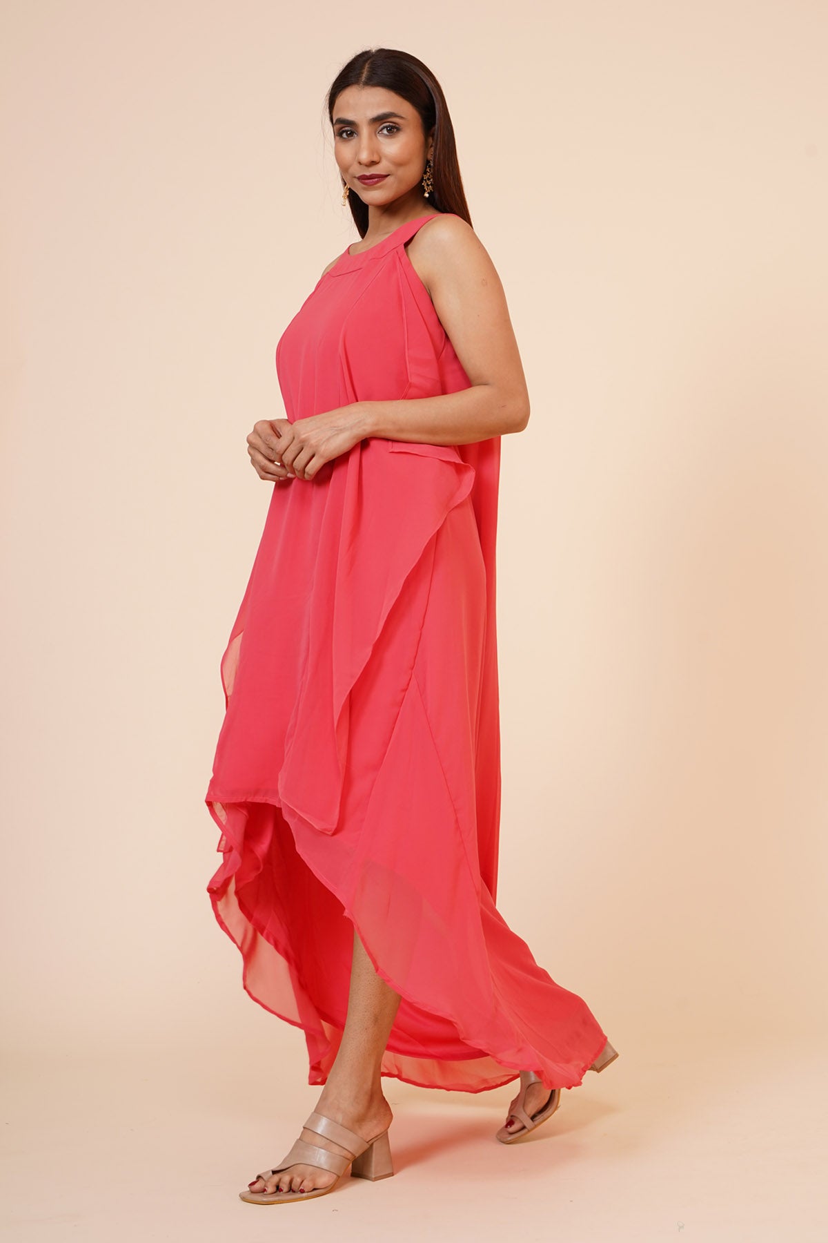 Peach Ruffle Drape Dress