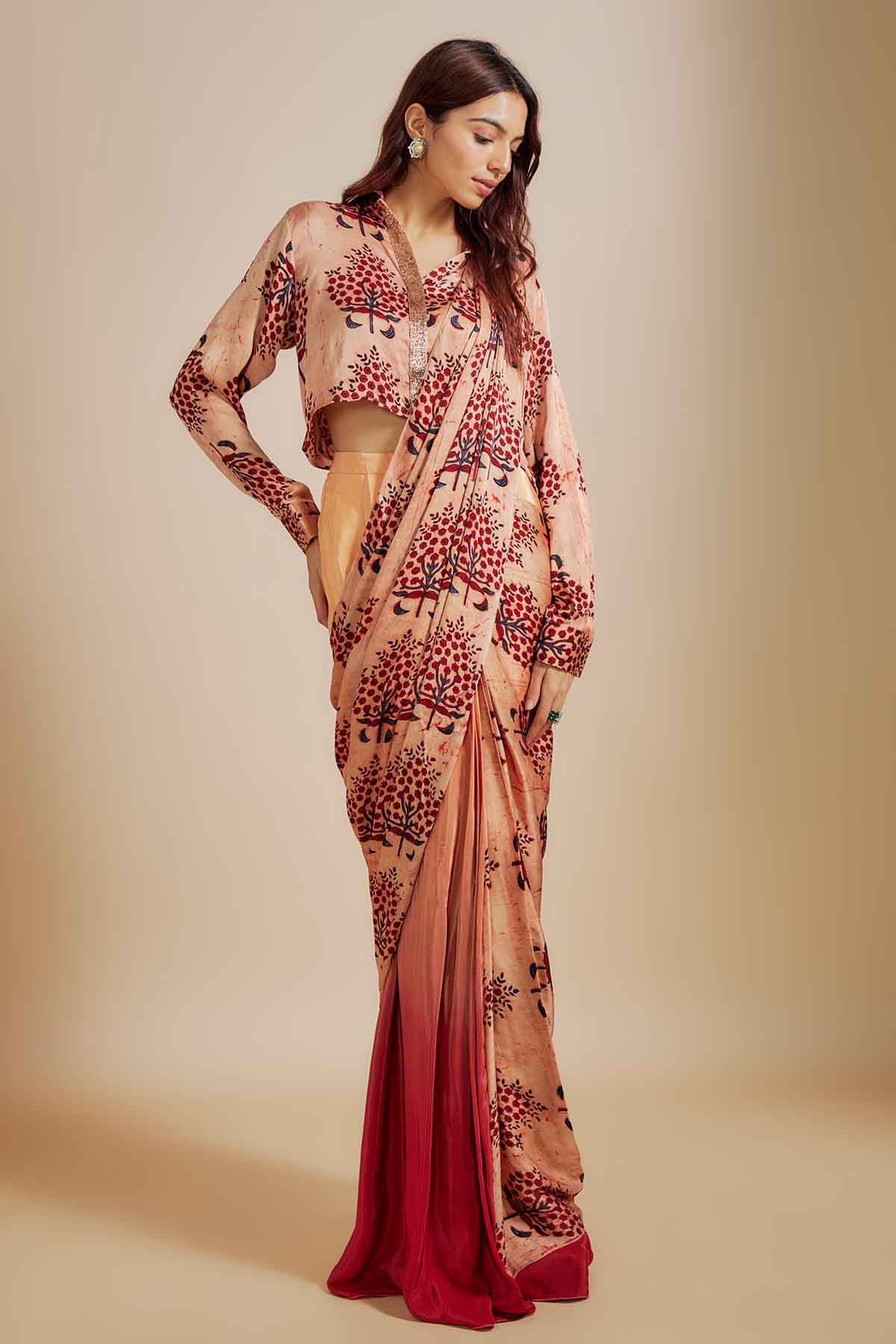 Buy Peach Ajrakh Print Saree & Shirt by Masumi Mewawalla for women online at ScrollnShops