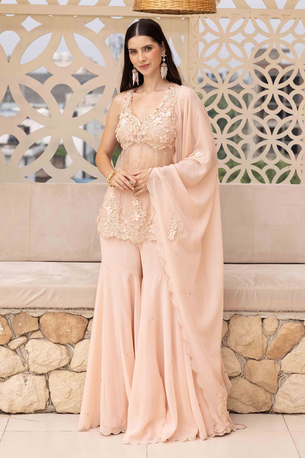 Buy Peach Applique Work Sharara Set by Ajiesh Oberoi for women online at ScrollnShops