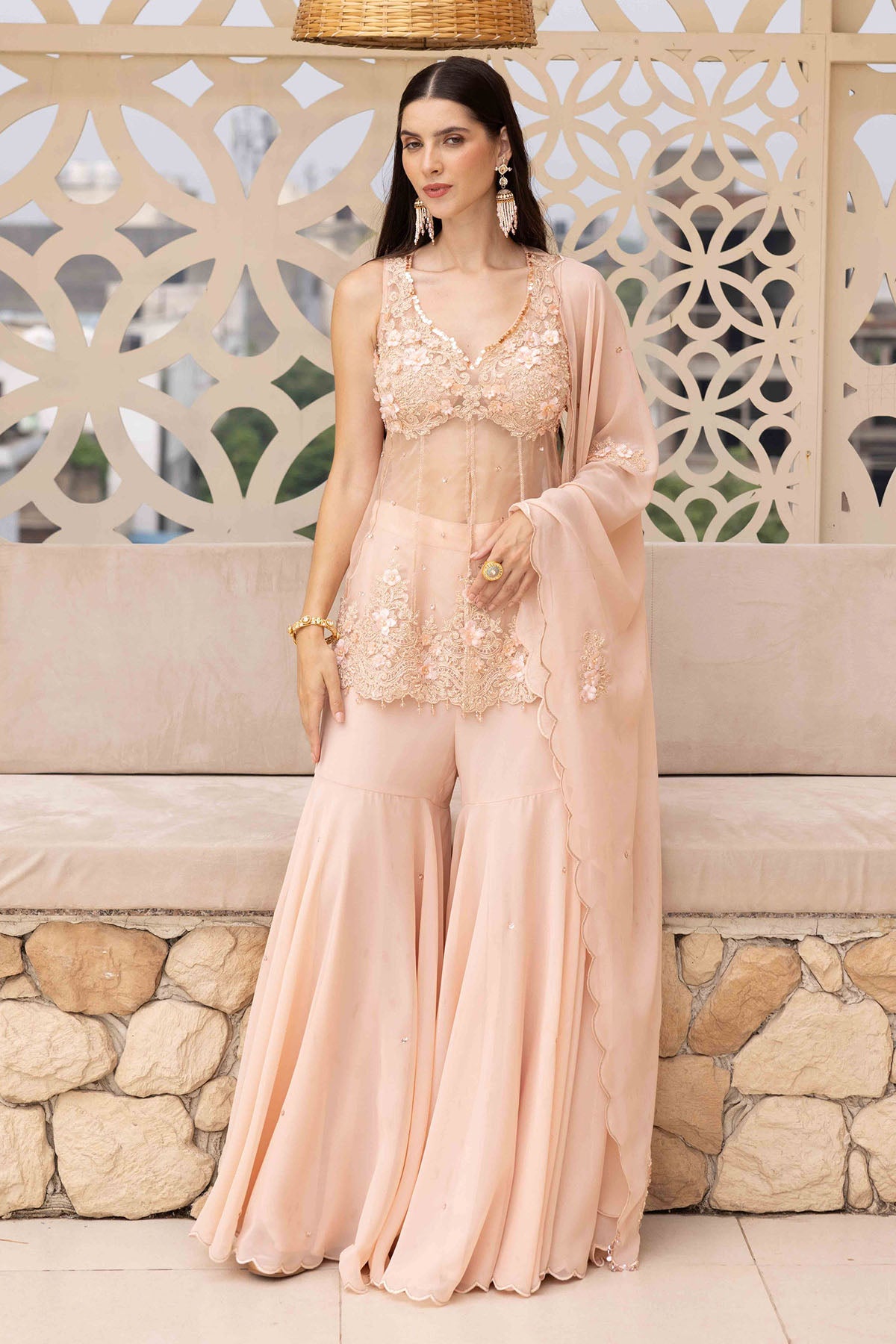 Peach Applique Work Sharara Set