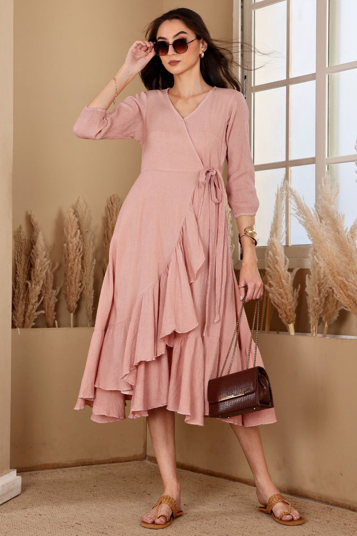 Buy Peach Asymmetric Ruffled Dress for women by seoraa online available at scrollnshops