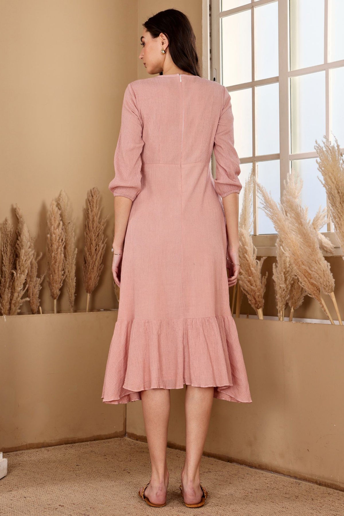 Peach Asymmetric Ruffled Dress
