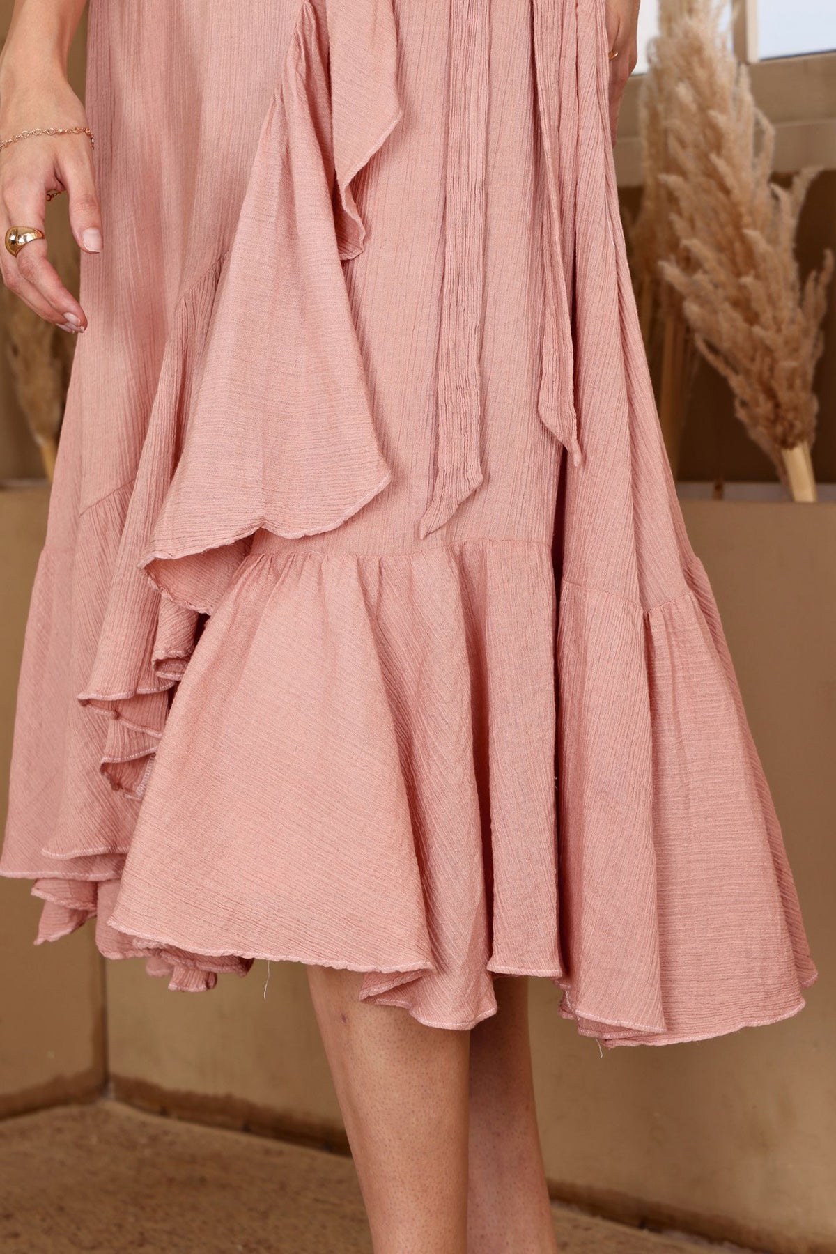 Peach Asymmetric Ruffled Dress