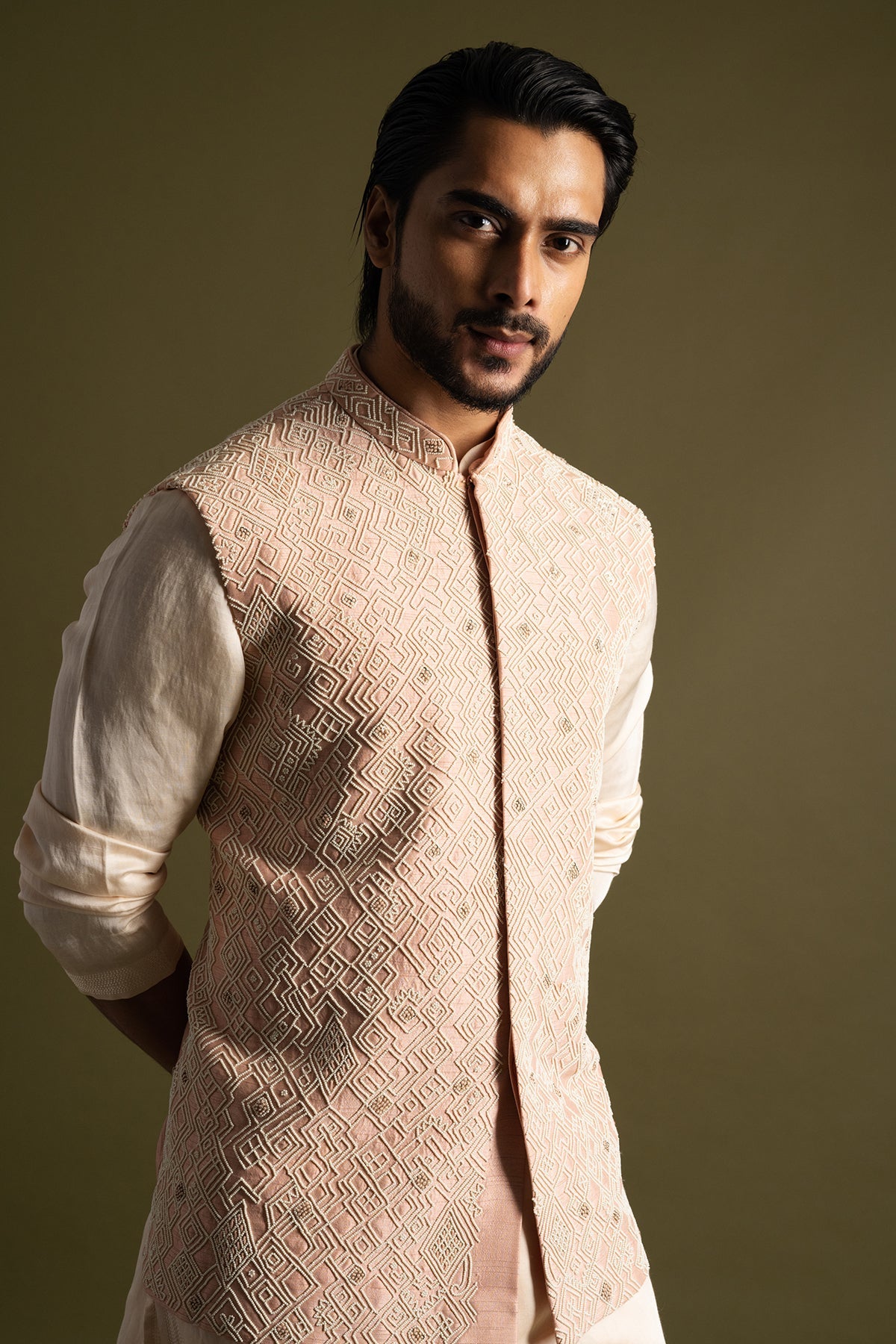 Buy Peach Bamberg Silk Bundi Jacket for men by Paarsh Atelier online available at scrollnshops