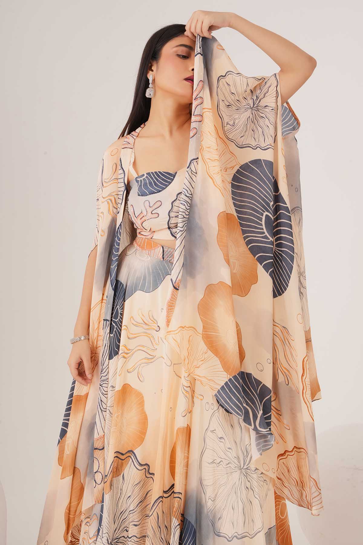 Peach Beads Embellished Cape Set