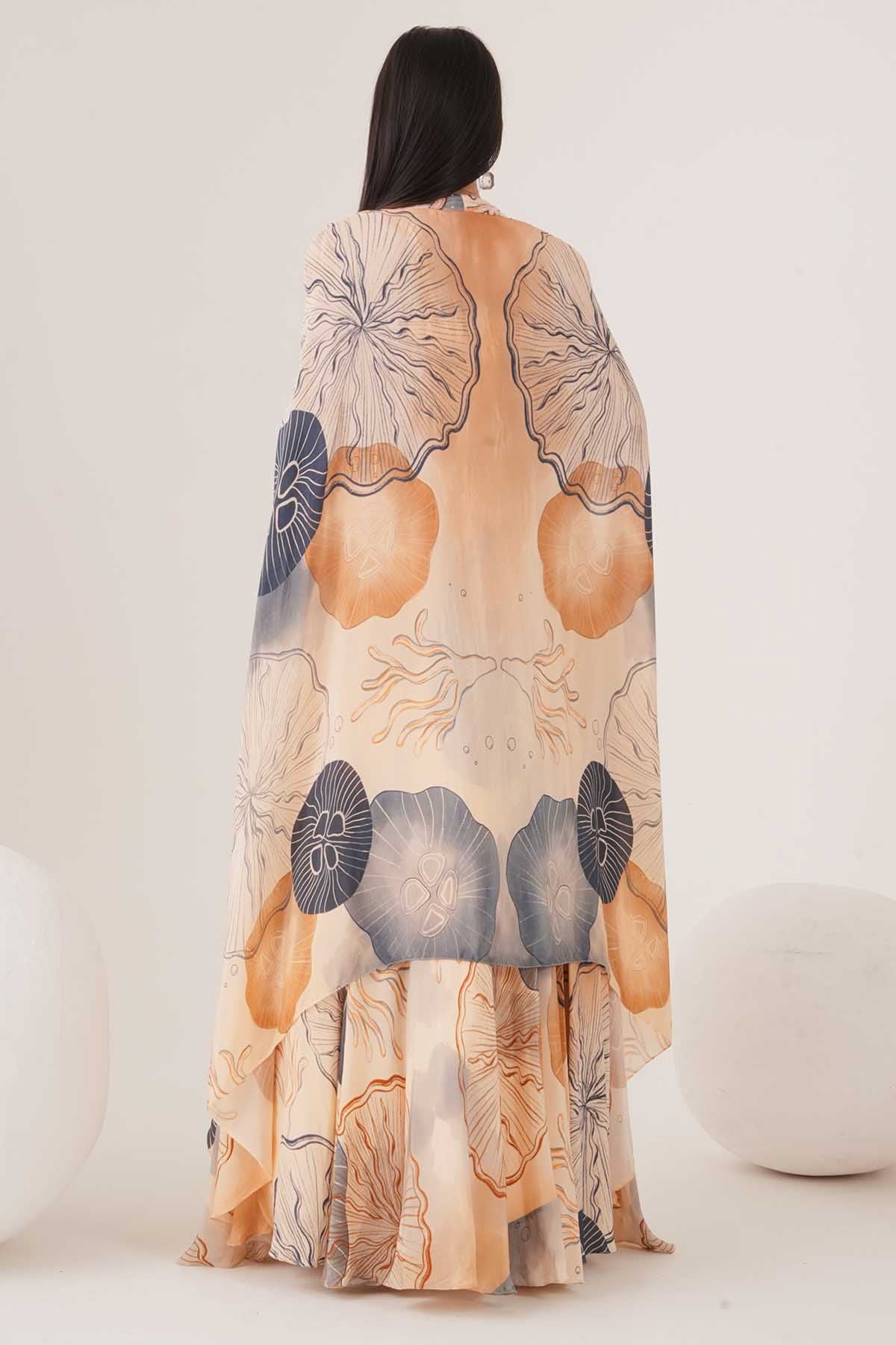 Peach Beads Embellished Cape Set