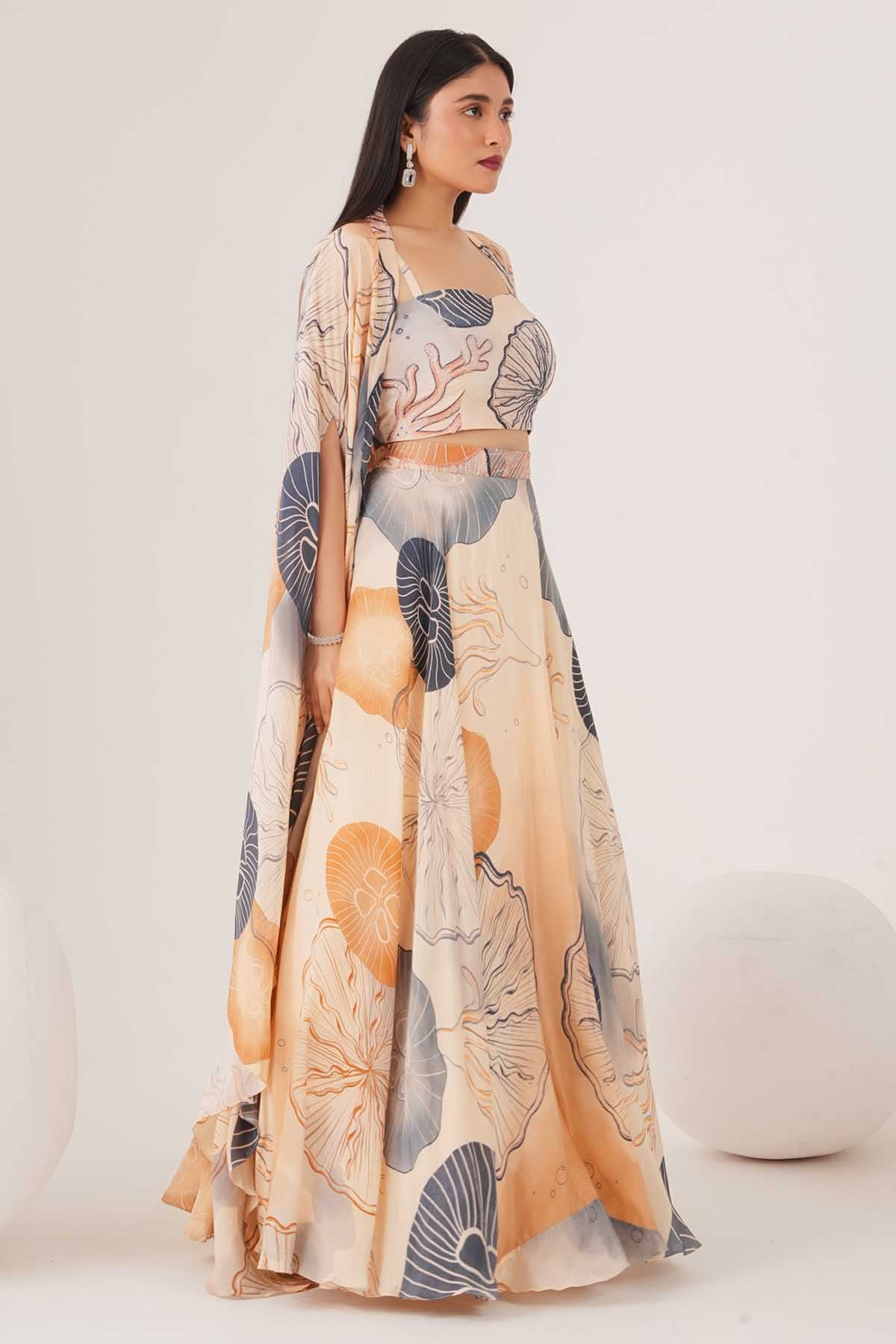 Peach Beads Embellished Cape Set