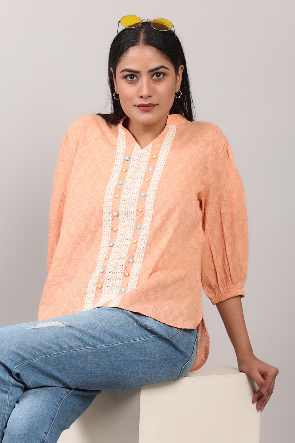 Buy Peach Beads Embroidered Top by OSKOS for women online at ScrollnShops
