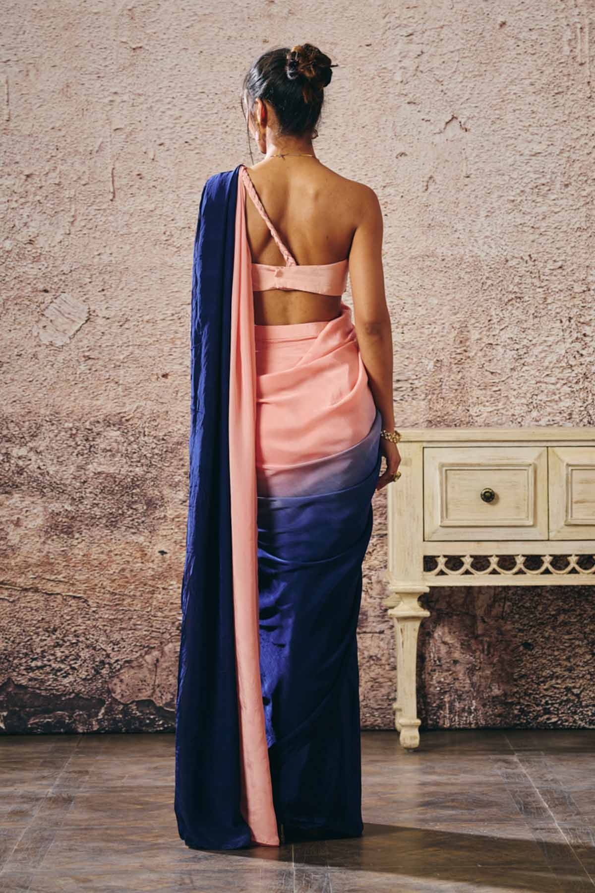Peach & Blue Pre-Drape Saree