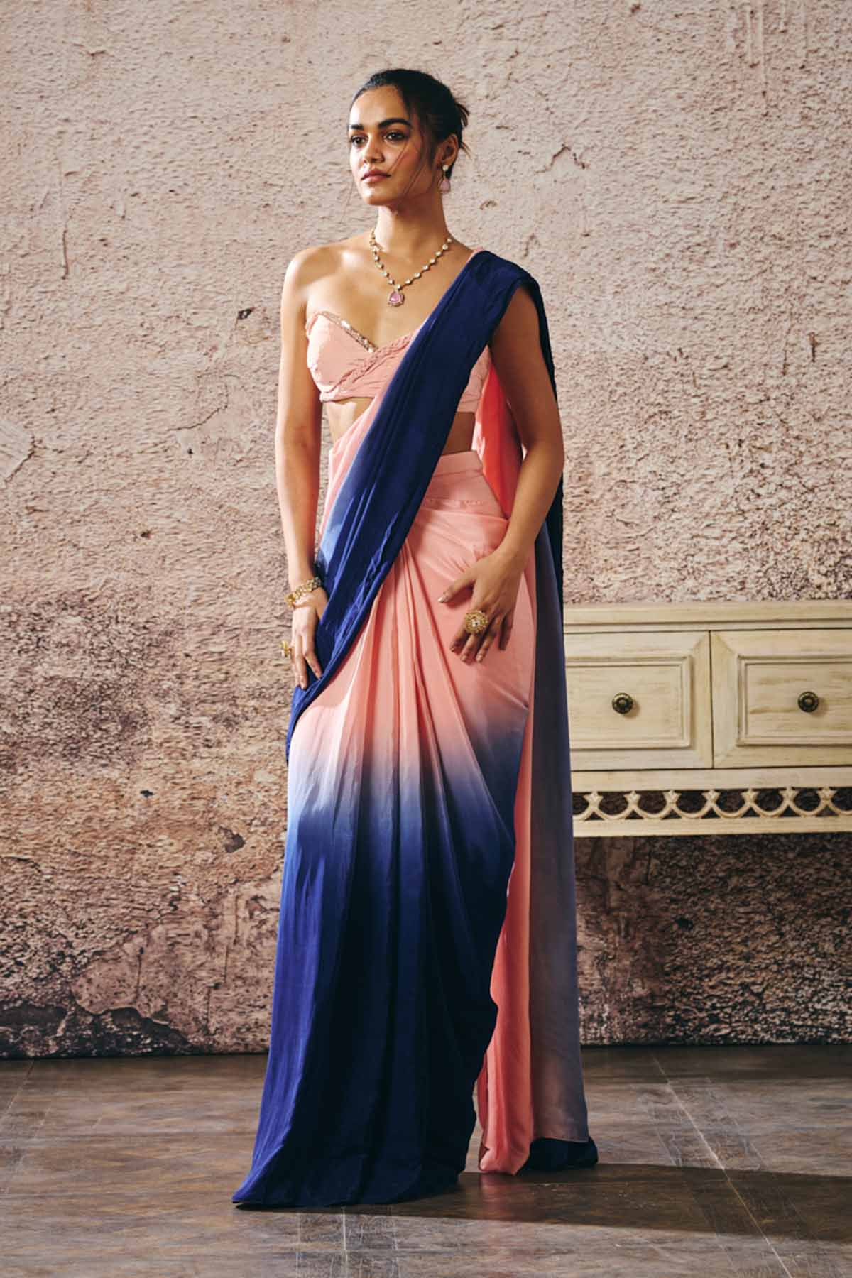 Peach & Blue Pre-Drape Saree
