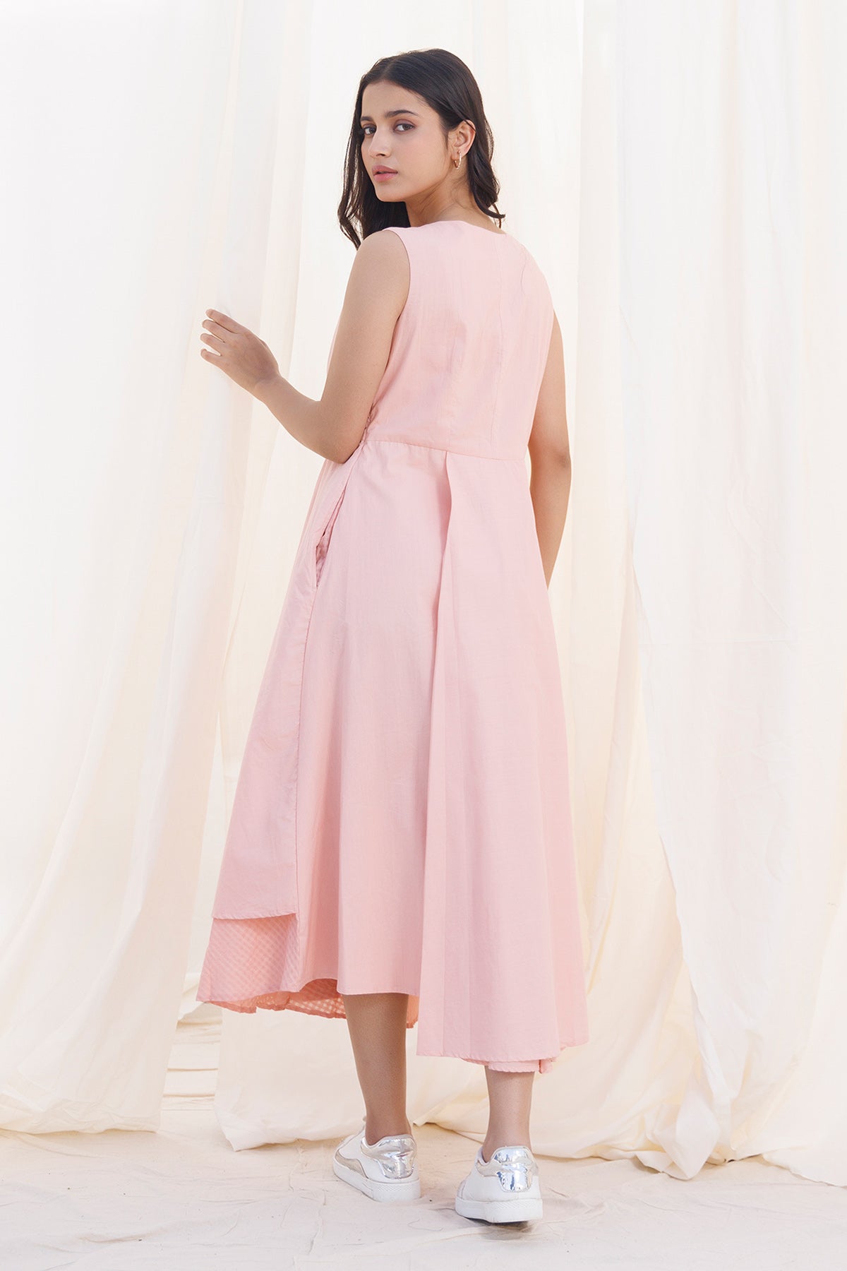 Peach Boat Neck Layered Dress