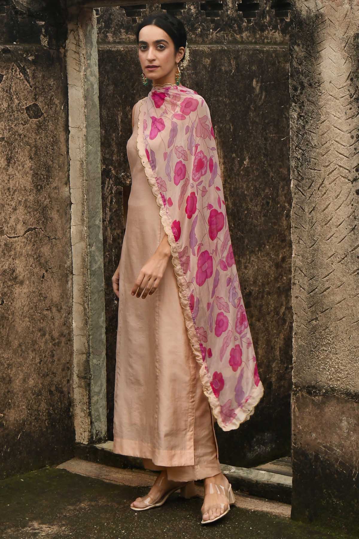Peach Chanderi Silk Kurta Set