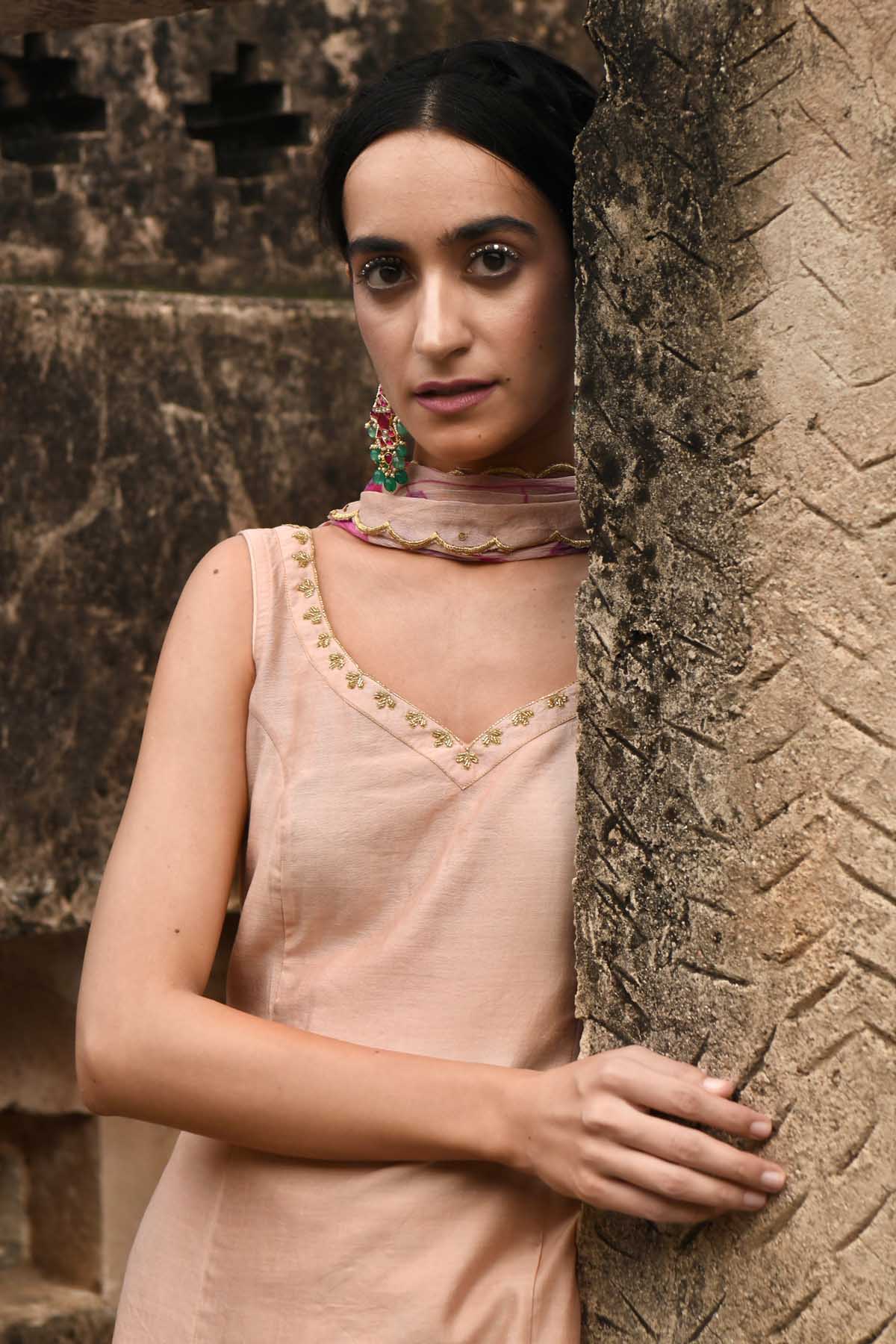 Peach Chanderi Silk Kurta Set