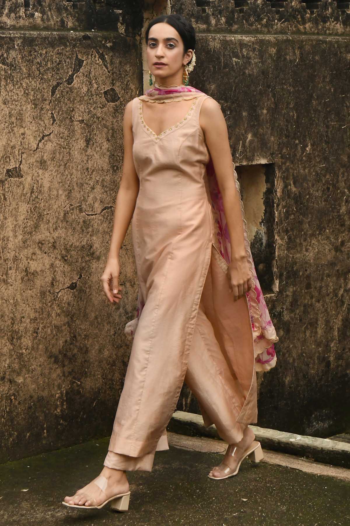 Peach Chanderi Silk Kurta Set