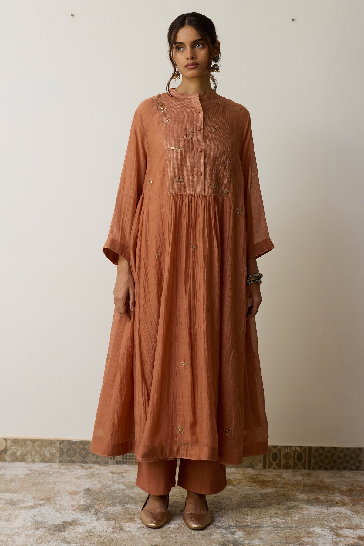 Buy Peach Chanderi Yoke Kurta Set for women by Rhua India online available at scrollnshops
