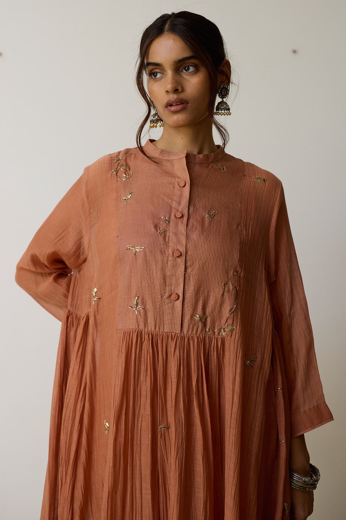 Peach Chanderi Yoke Kurta Set