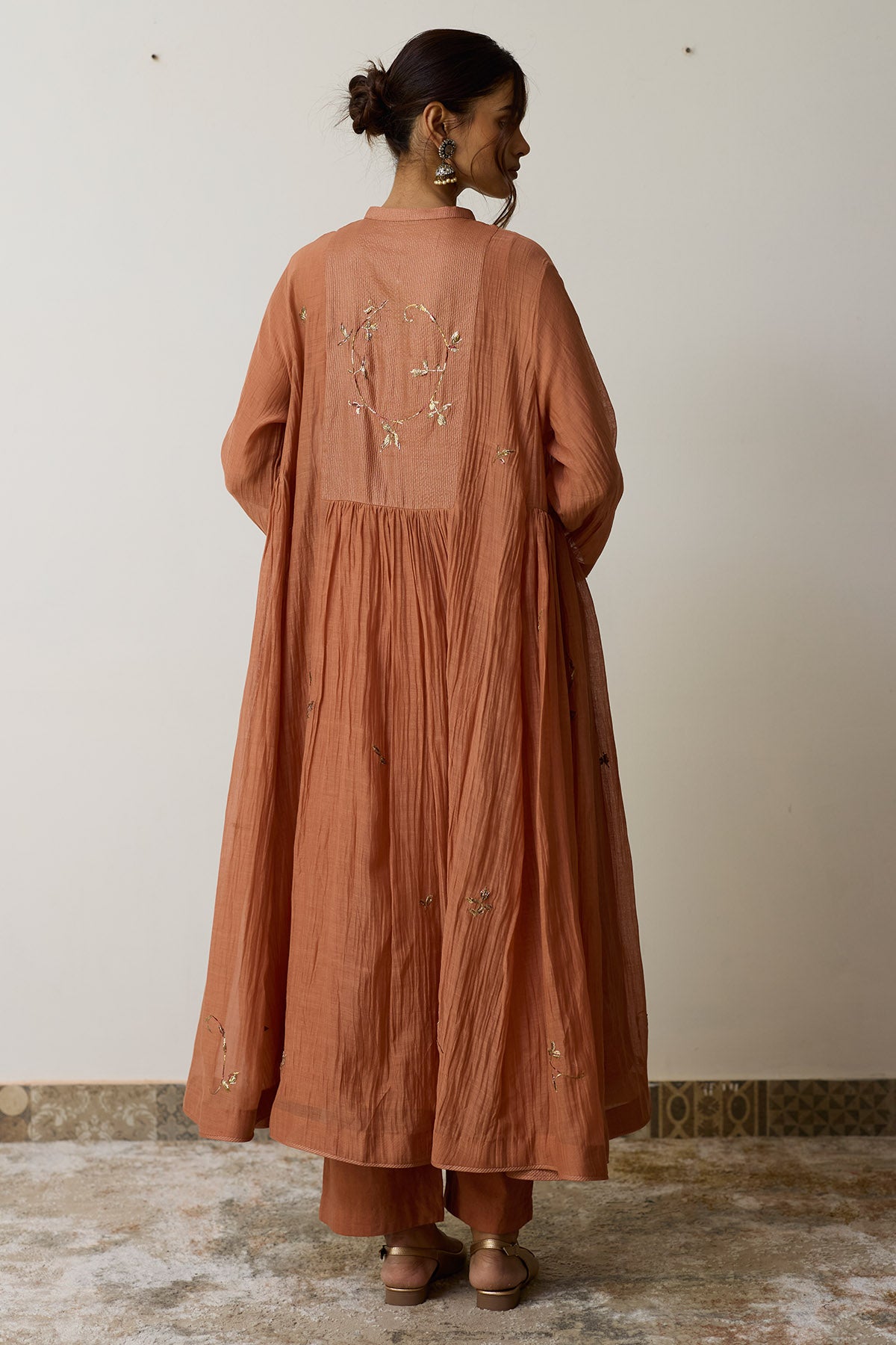 Peach Chanderi Yoke Kurta Set