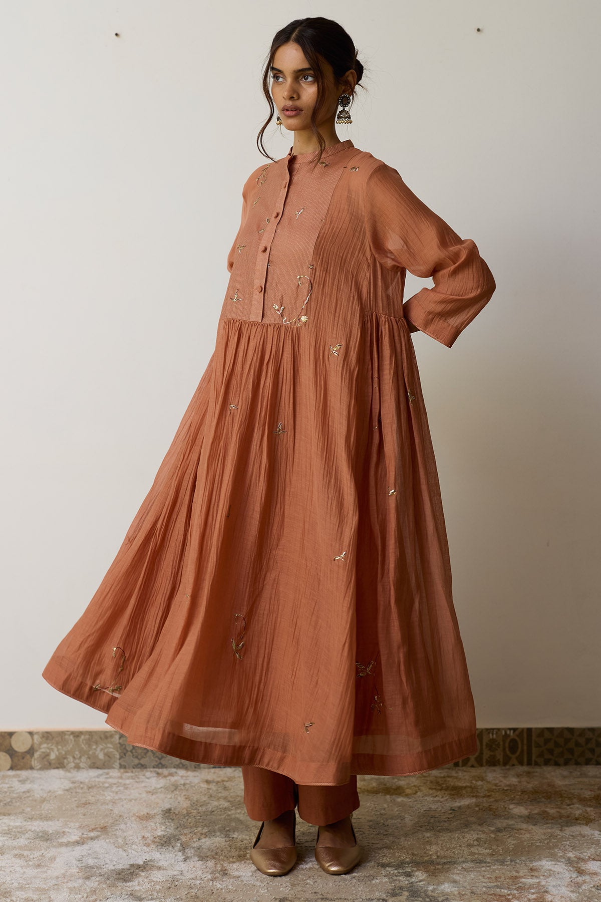 Peach Chanderi Yoke Kurta Set