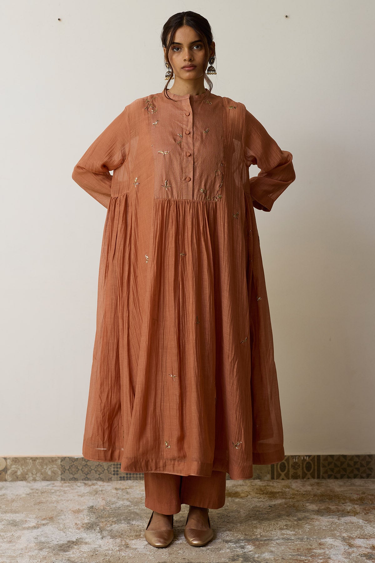 Peach Chanderi Yoke Kurta Set