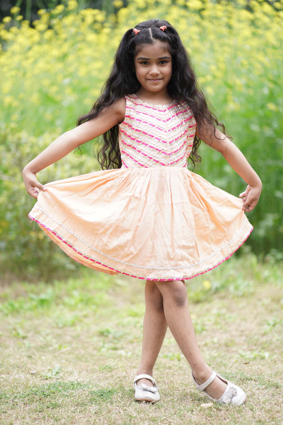 Designer ViYa Peach Contrast Lace Embellished Dress For Kids Available online at ScrollnShops