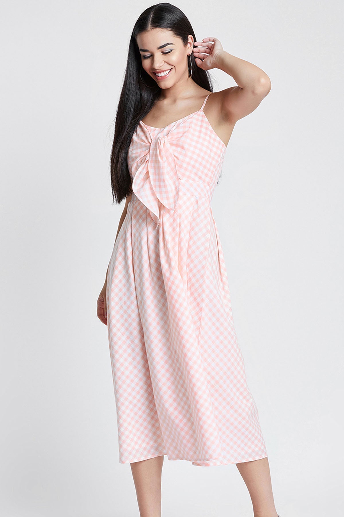 Buy Peach Cotton Checkered Dress Online