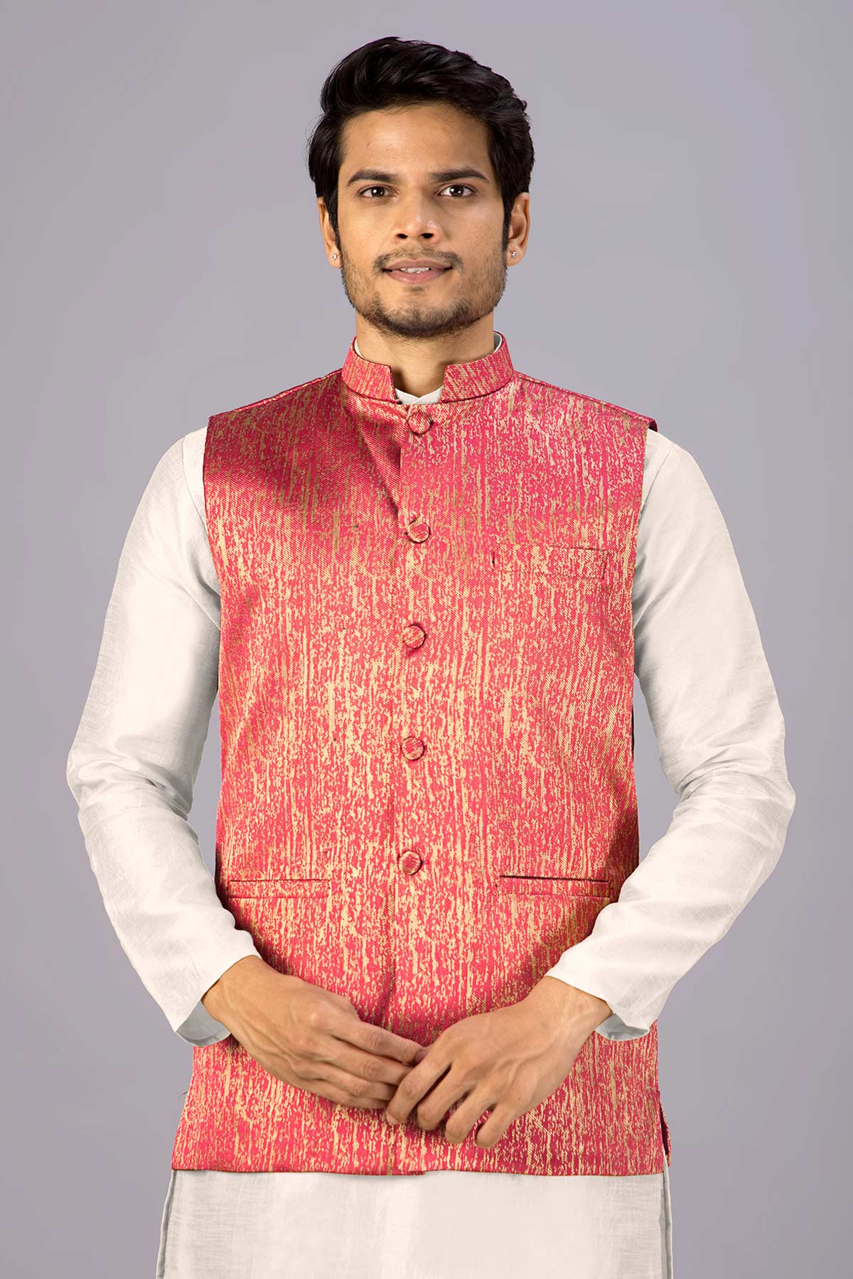 Buy Peach Cotton Embroidered Bundi for men by Aastha Fashion online available at scrollnshops