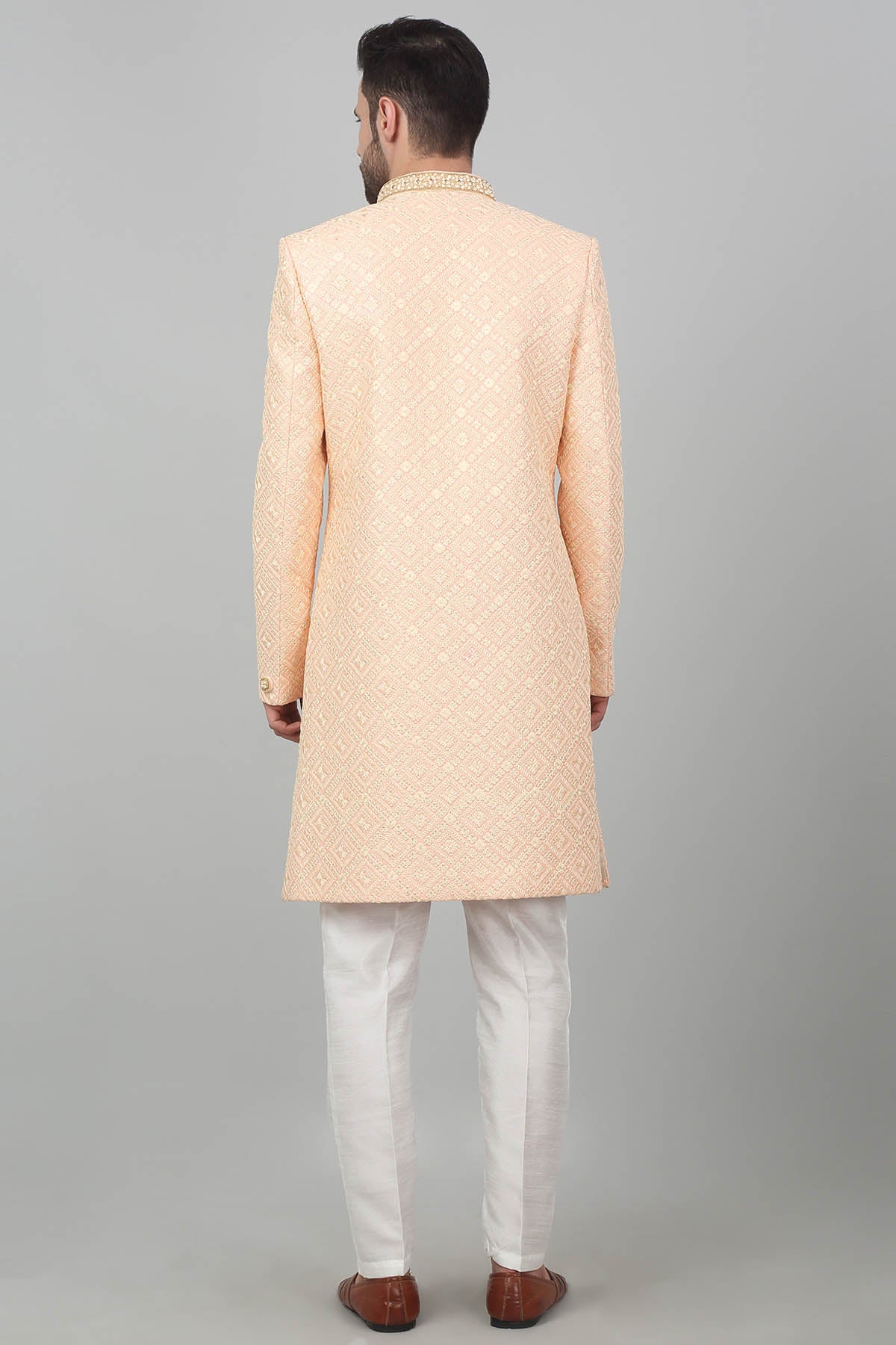Peach Cotton Floral Sherwani Set