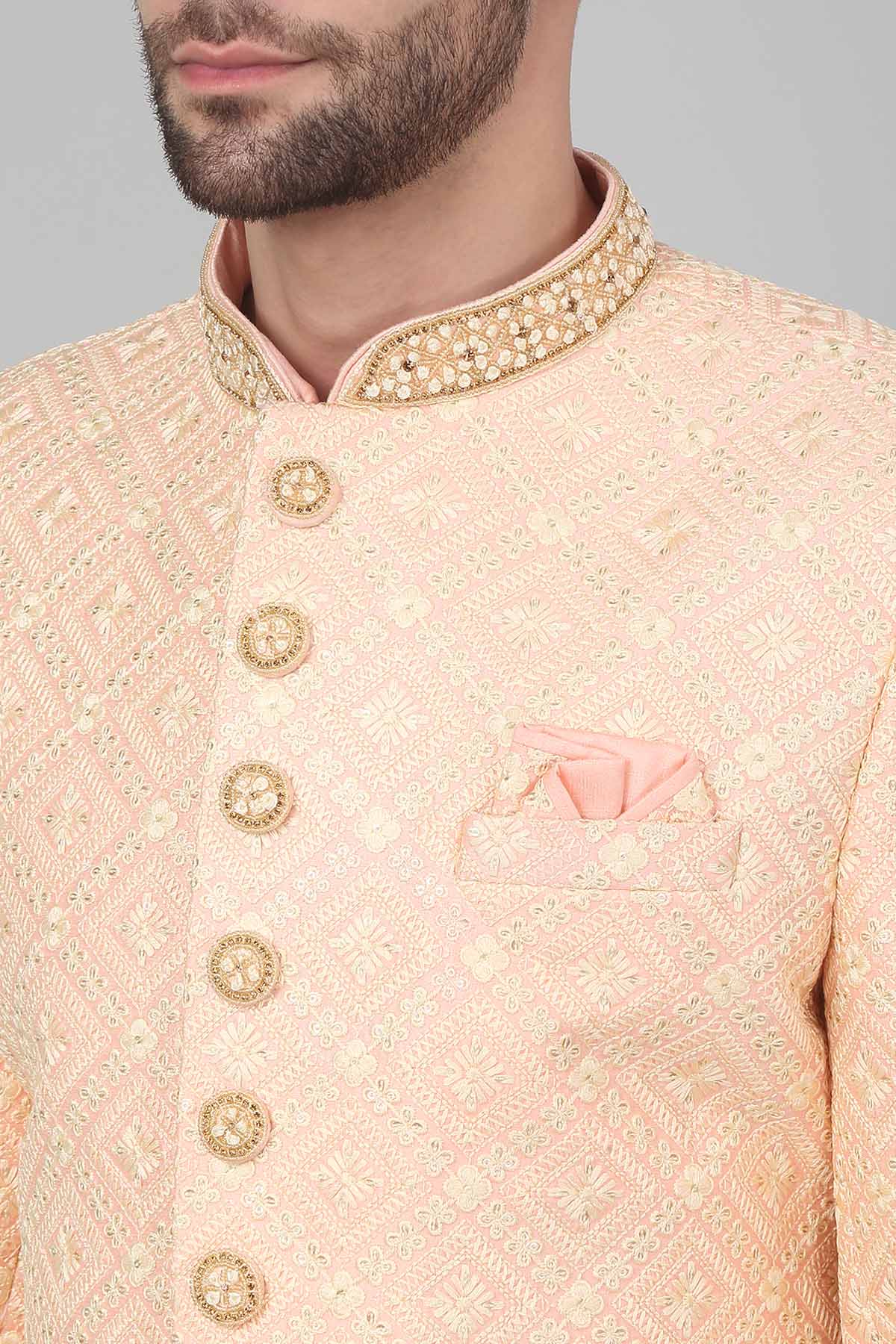 Peach Cotton Floral Sherwani Set