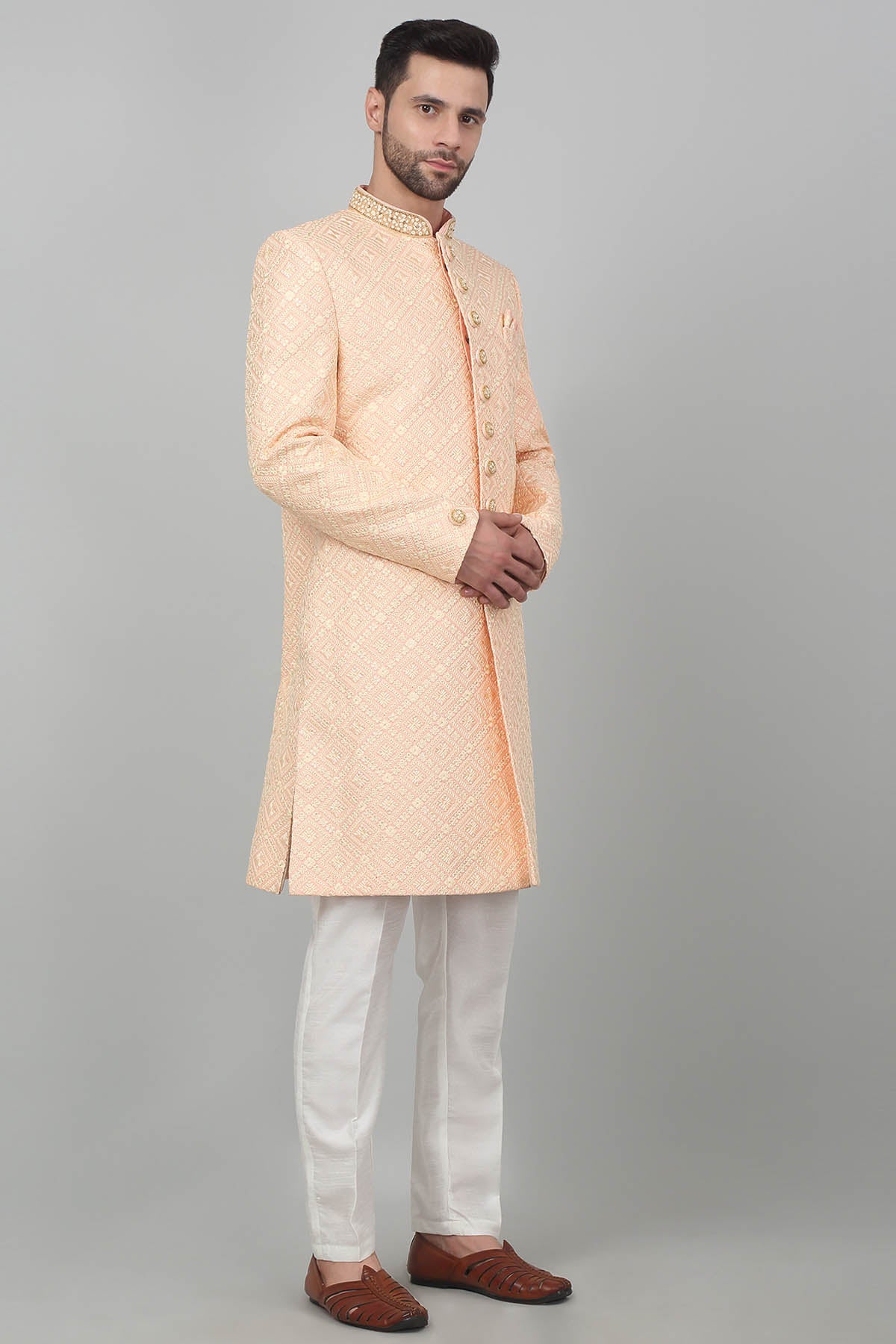 Peach Cotton Floral Sherwani Set