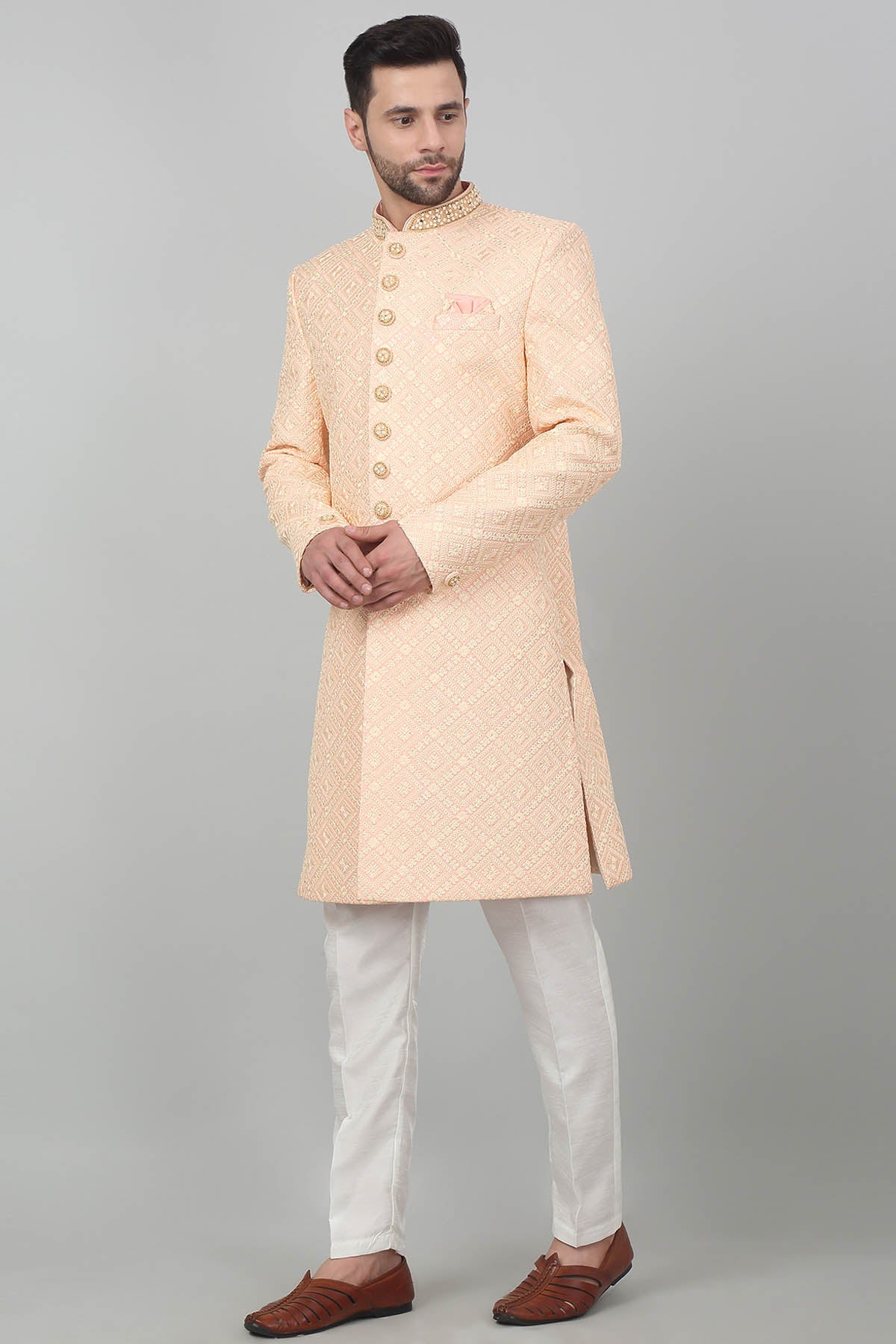 Peach Cotton Floral Sherwani Set