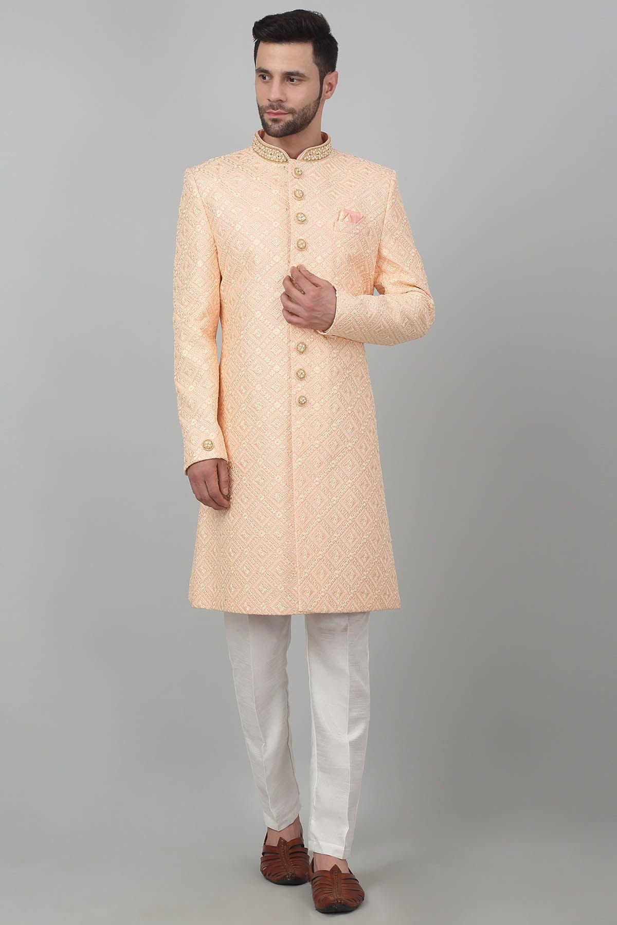 Aham Vayam Peach Cotton Floral Sherwani Set for men online at ScrollnShops