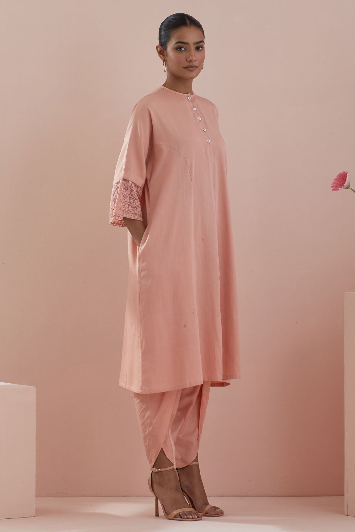 Peach Cotton Lace Kurta & Dhoti