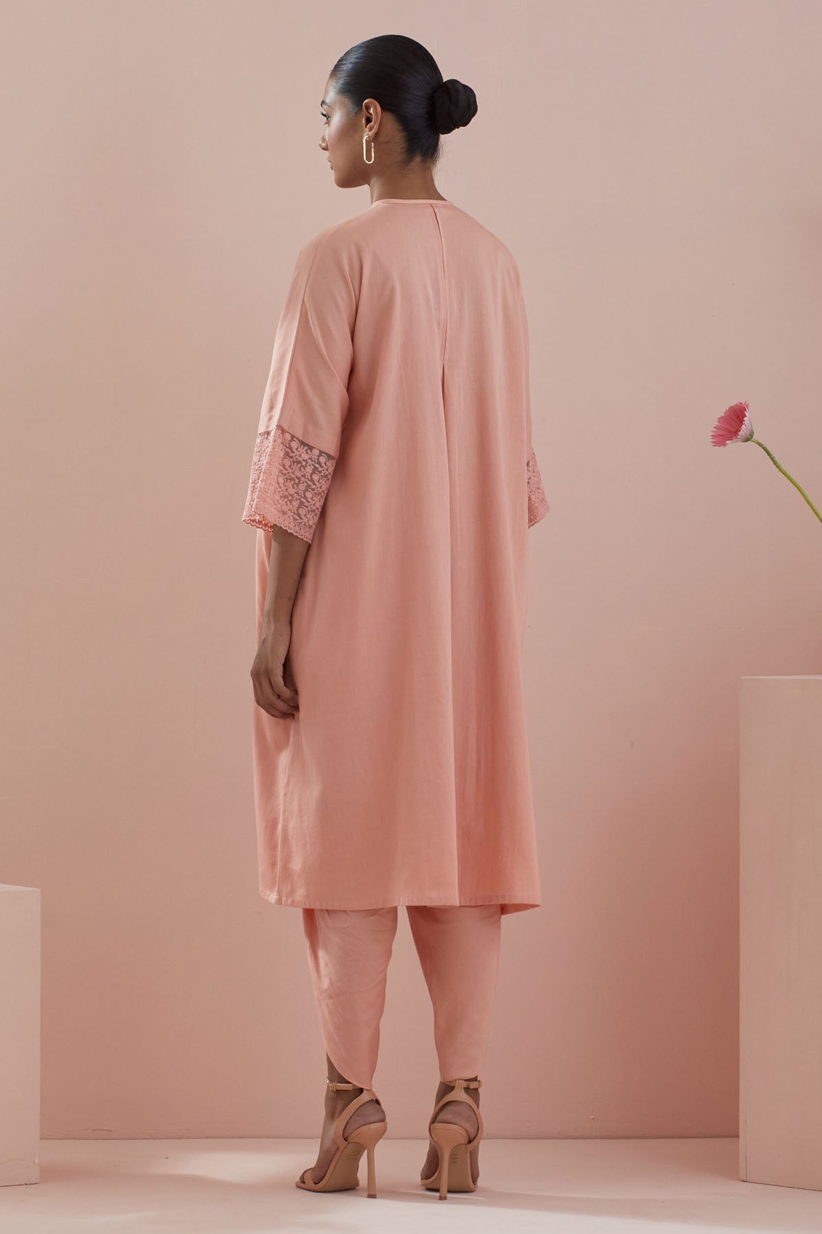 Peach Cotton Lace Kurta & Dhoti