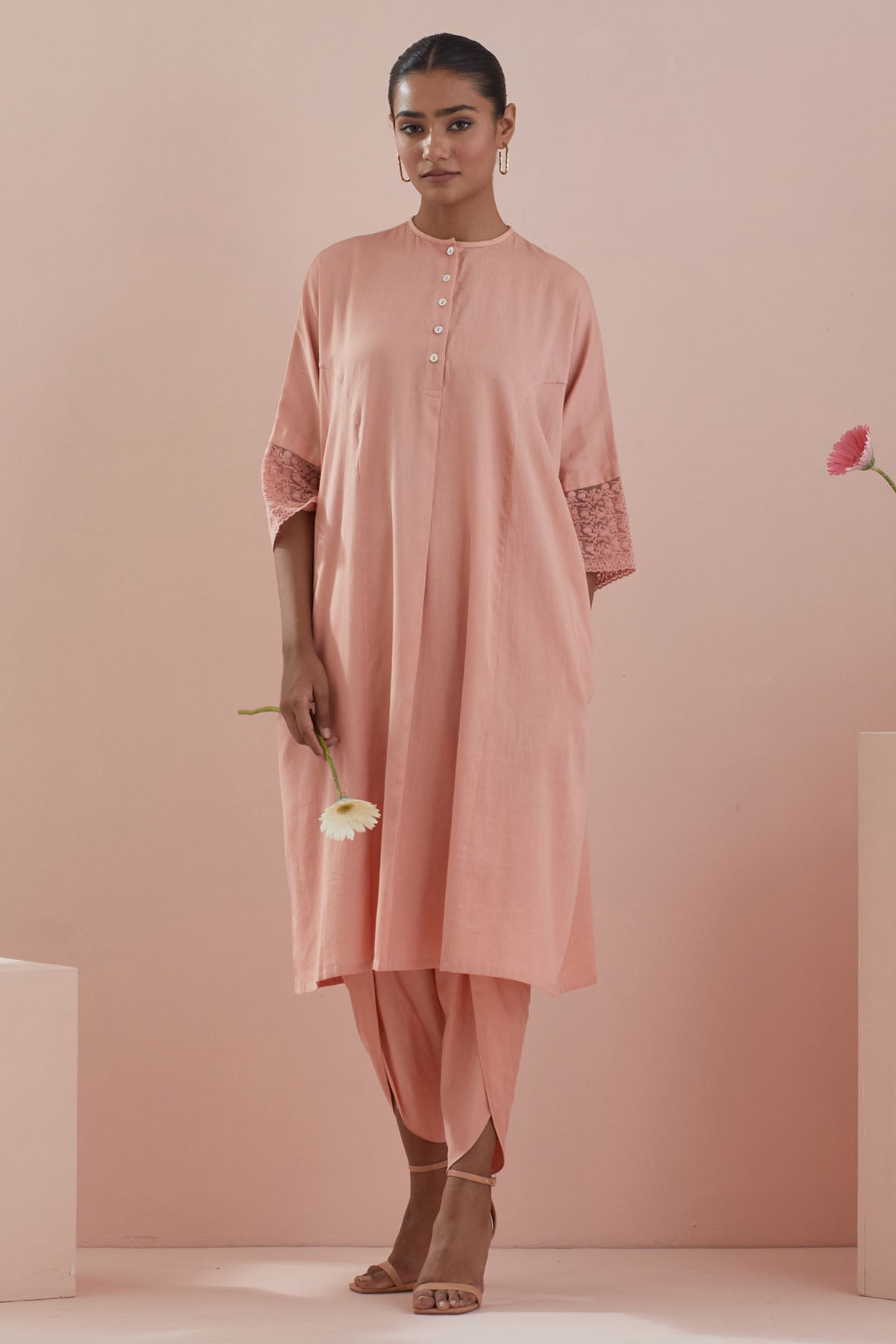 Vinusto Peach Cotton Lace Kurta & Dhoti for women online at ScrollnShops