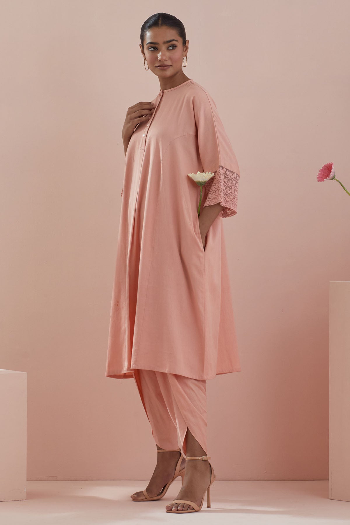 Peach Cotton Lace Kurta & Dhoti