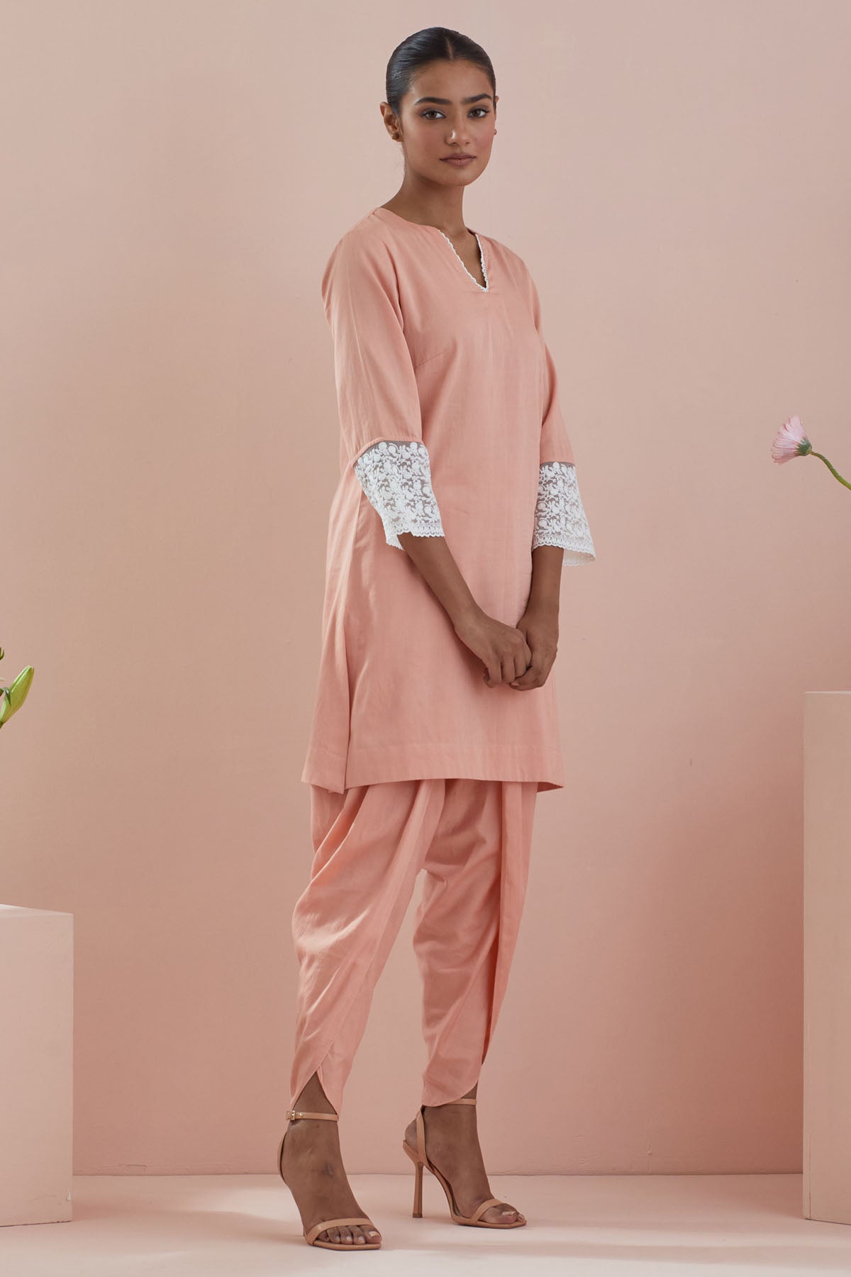 Peach Cotton Lace Kurta Set