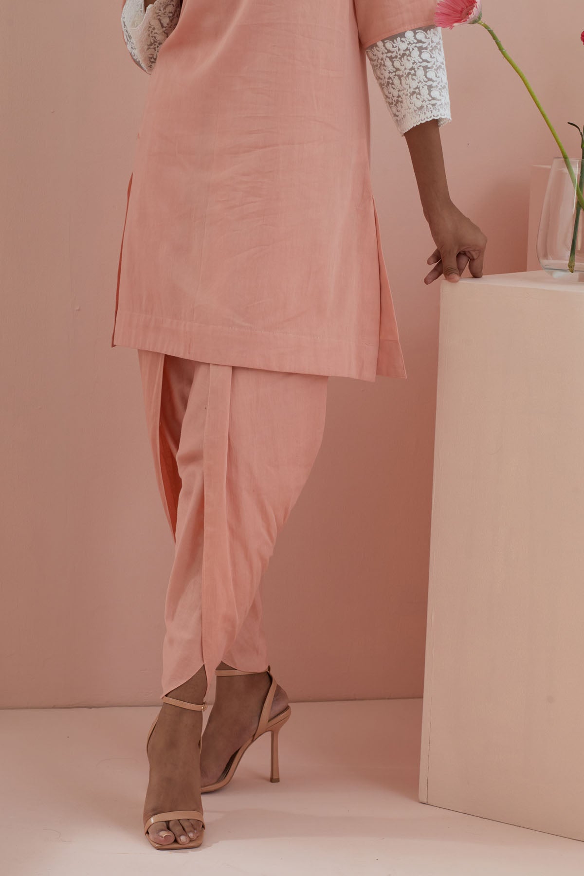 Peach Cotton Lace Kurta Set