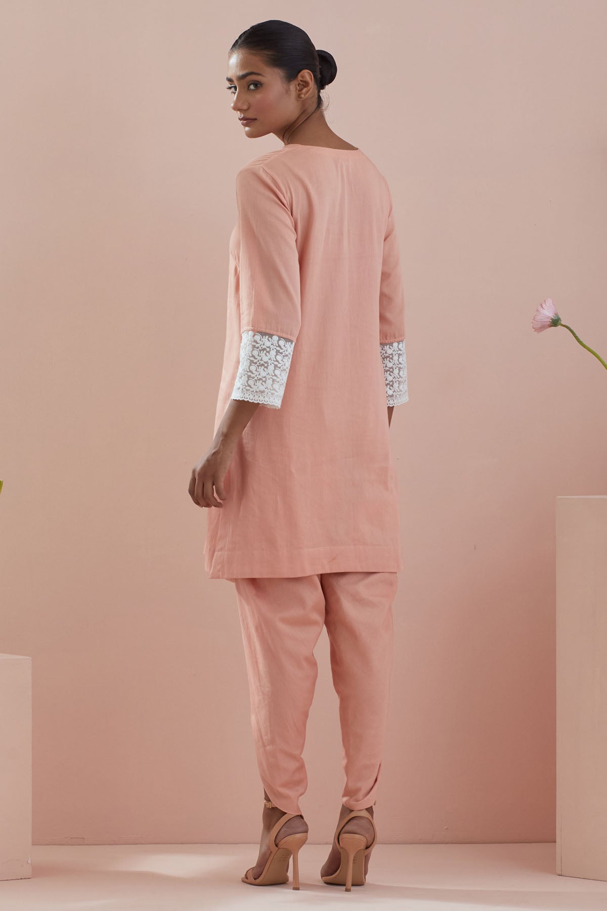 Peach Cotton Lace Kurta Set