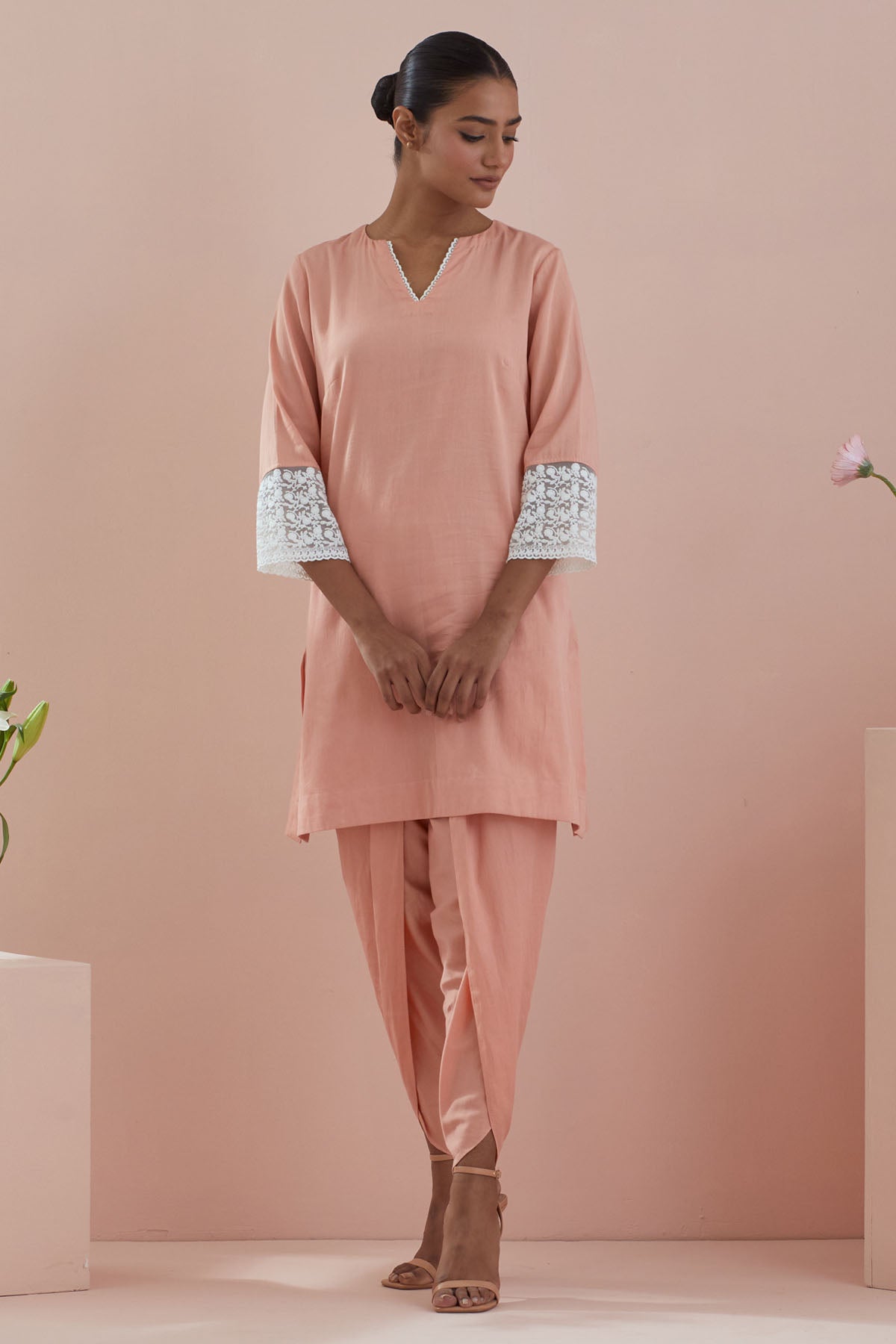 Vinusto Peach Cotton Lace Kurta Set for women online at ScrollnShops