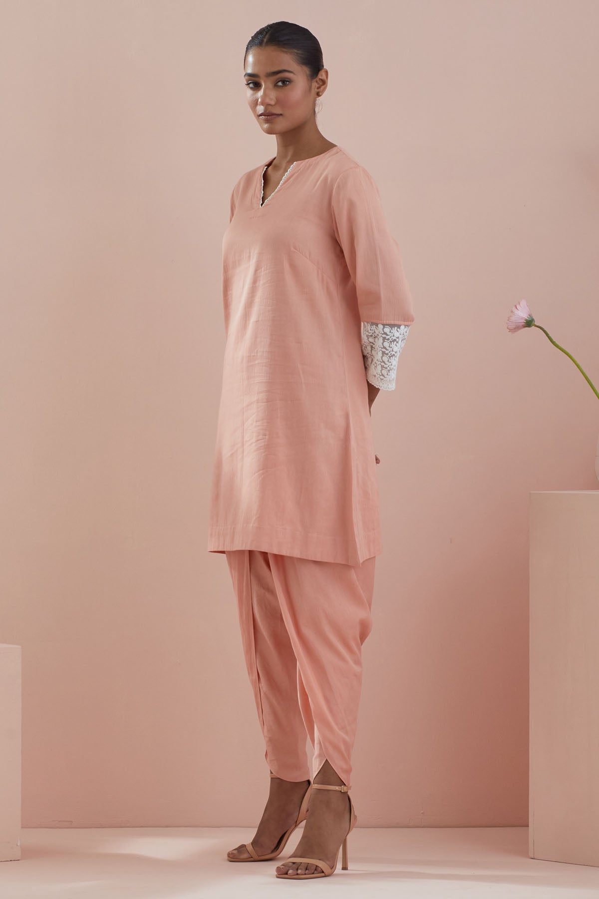 Peach Cotton Lace Kurta Set