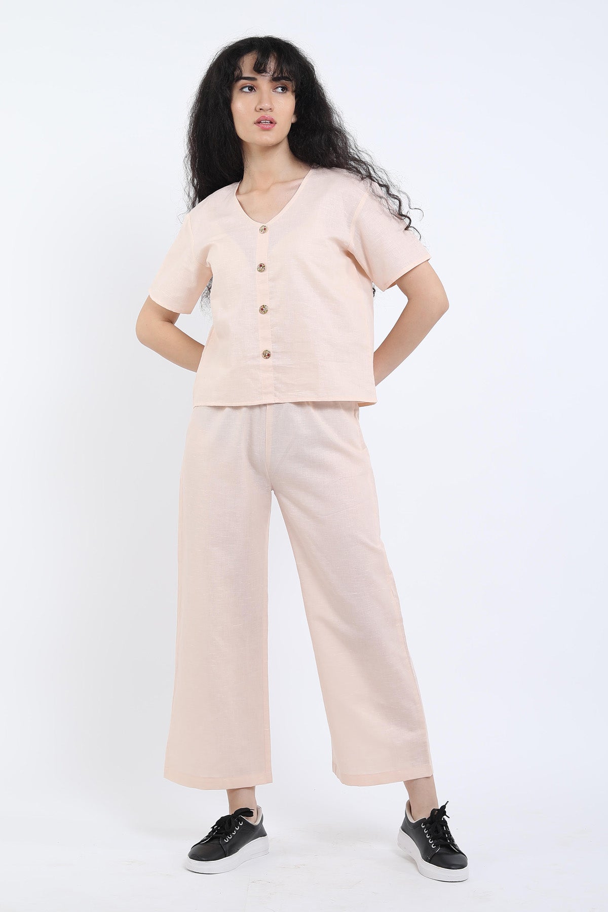 Buy Peach Cotton Linen Ankle Pant Online