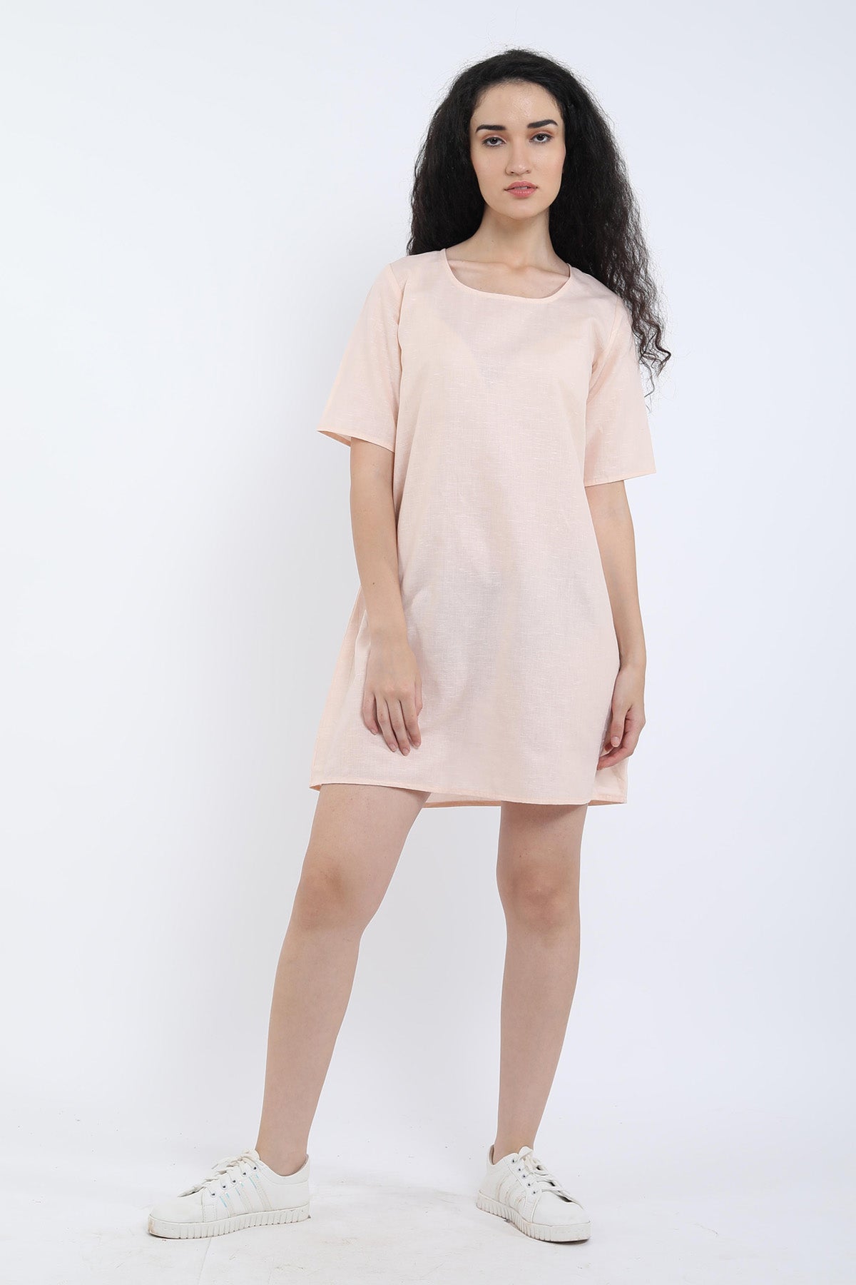 Buy Peach Cotton Linen Loose Dress Online